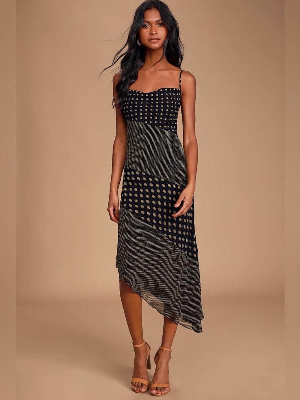 C/MEO Collective Palatial Black Print Asymmetrical Midi Dress Size Small/4